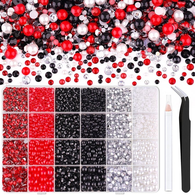 TINKRSTUFF 9000PCS Flatback Pearls and Rhinestones for Bedazzling, Red White Black Mixed Size 3-10mm Resin Rhinestones Gems and Half Pearls for Crafting, Nail Art Crafts Decoration - Image 1